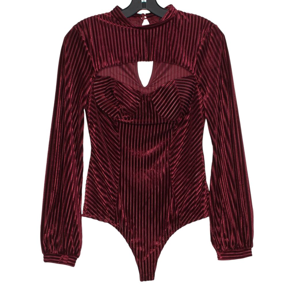 Lulus Bodysuit Velvet Burnout Bustier Whimsigoth Witchy Romantic Burgundy Small